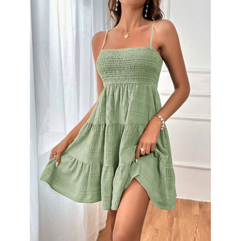 ✨👗Mini-vestido feminino com franzido e camadas – alças ajustáveis, peito elástico e corte em A arejado ✨