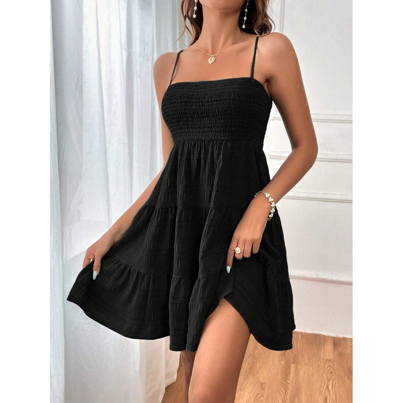 ✨👗Mini-vestido feminino com franzido e camadas – alças ajustáveis, peito elástico e corte em A arejado ✨