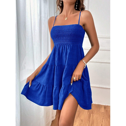✨👗Mini-vestido feminino com franzido e camadas – alças ajustáveis, peito elástico e corte em A arejado ✨
