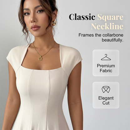 ✨👗Vestido feminino elegante com decote quadrado, corte em A e corte justo, vestido comprido