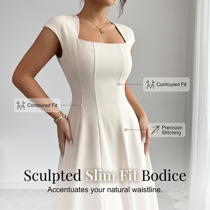 ✨👗Vestido feminino elegante com decote quadrado, corte em A e corte justo, vestido comprido
