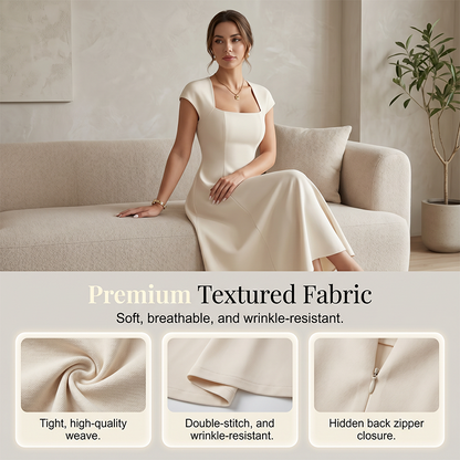 ✨👗Vestido feminino elegante com decote quadrado, corte em A e corte justo, vestido comprido