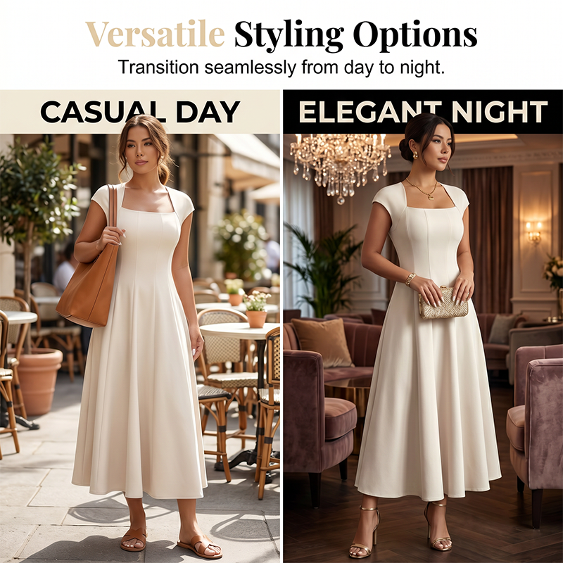 ✨👗Vestido feminino elegante com decote quadrado, corte em A e corte justo, vestido comprido