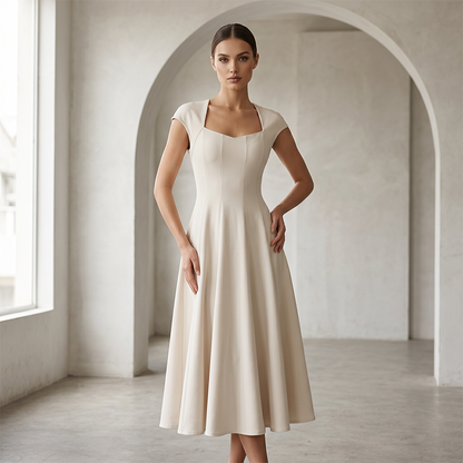 ✨👗Vestido feminino elegante com decote quadrado, corte em A e corte justo, vestido comprido