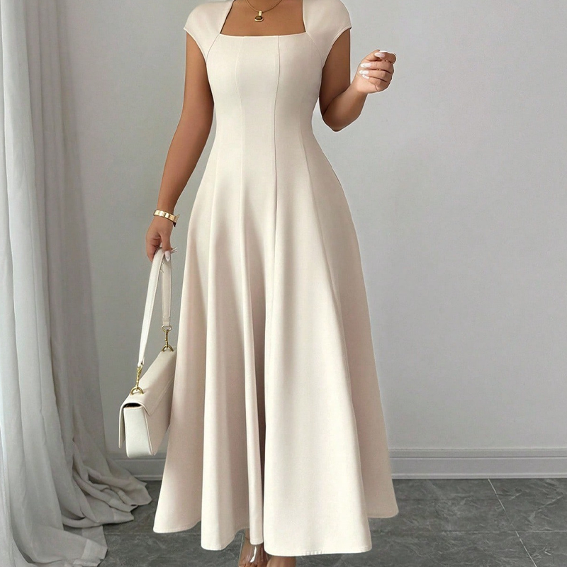 ✨👗Vestido feminino elegante com decote quadrado, corte em A e corte justo, vestido comprido