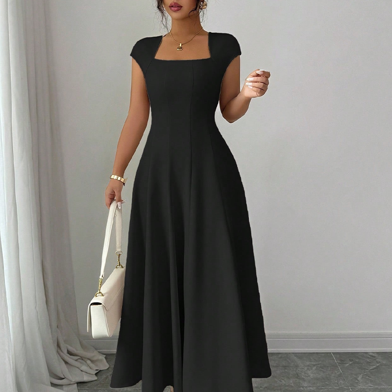 ✨👗Vestido feminino elegante com decote quadrado, corte em A e corte justo, vestido comprido
