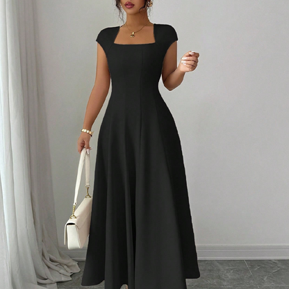 ✨👗Vestido feminino elegante com decote quadrado, corte em A e corte justo, vestido comprido