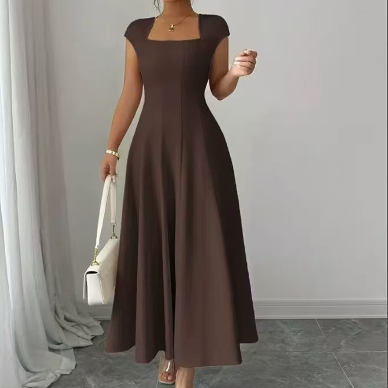 ✨👗Vestido feminino elegante com decote quadrado, corte em A e corte justo, vestido comprido