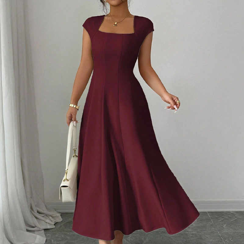 ✨👗Vestido feminino elegante com decote quadrado, corte em A e corte justo, vestido comprido