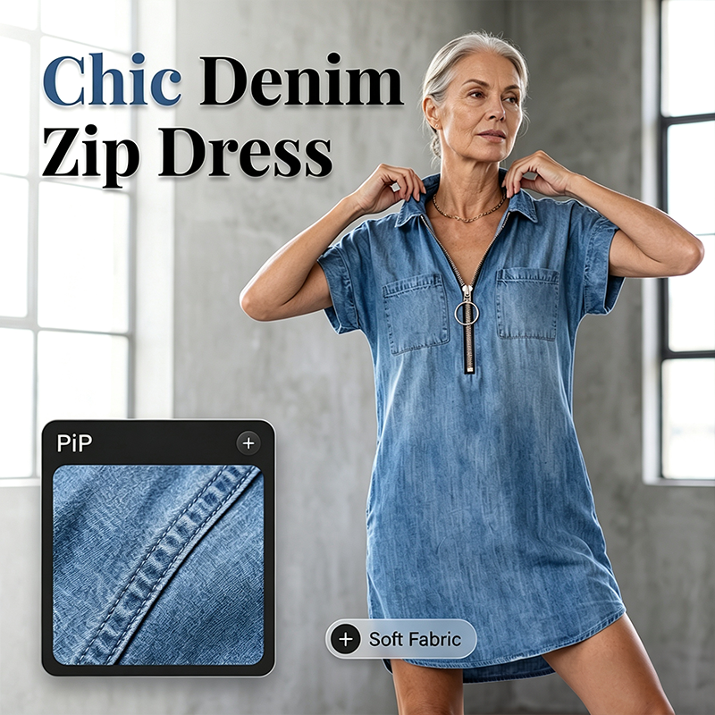 ✨👗Vestido casual de ganga para mulher, de corte largo, com lapela, manga curta, fecho de correr e bolsos