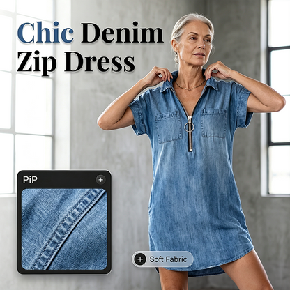 ✨👗Vestido casual de ganga para mulher, de corte largo, com lapela, manga curta, fecho de correr e bolsos