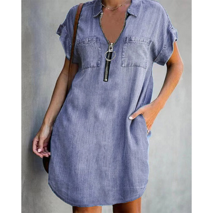 ✨👗Vestido casual de ganga para mulher, de corte largo, com lapela, manga curta, fecho de correr e bolsos