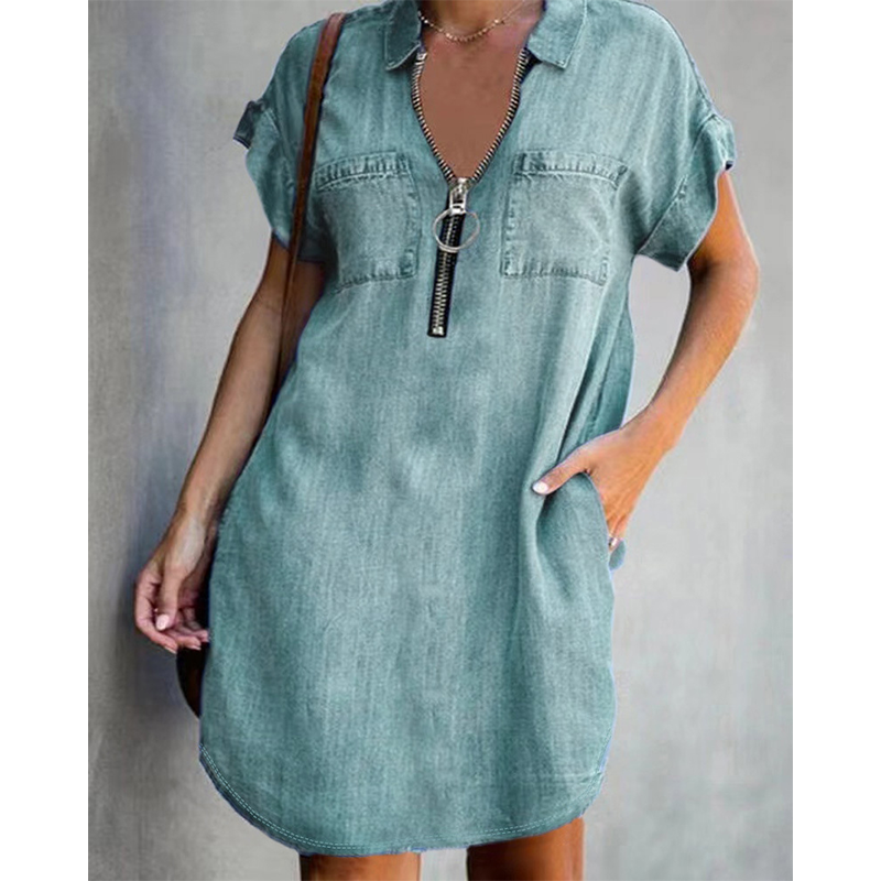 ✨👗Vestido casual de ganga para mulher, de corte largo, com lapela, manga curta, fecho de correr e bolsos