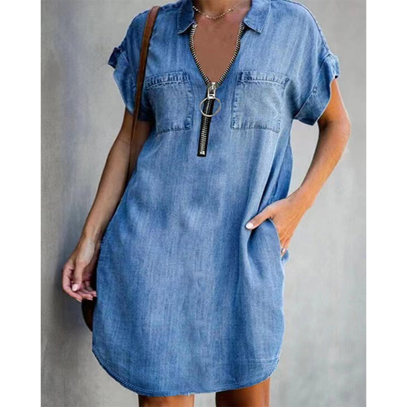 ✨👗Vestido casual de ganga para mulher, de corte largo, com lapela, manga curta, fecho de correr e bolsos