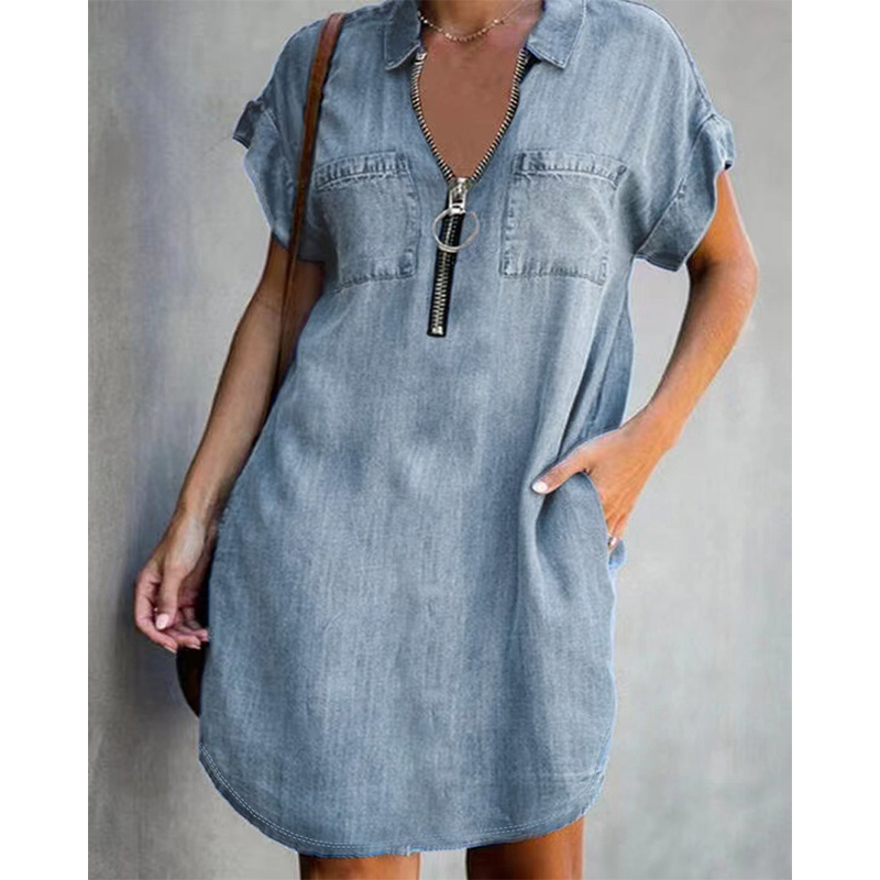 ✨👗Vestido casual de ganga para mulher, de corte largo, com lapela, manga curta, fecho de correr e bolsos