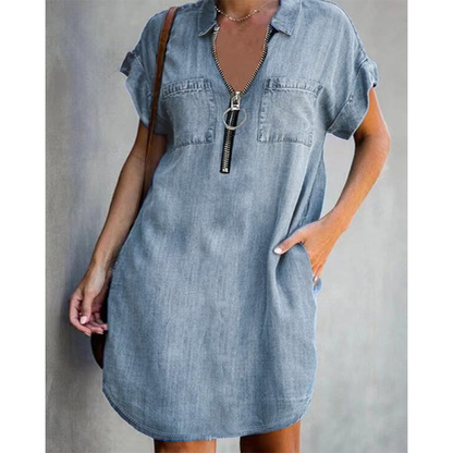 ✨👗Vestido casual de ganga para mulher, de corte largo, com lapela, manga curta, fecho de correr e bolsos