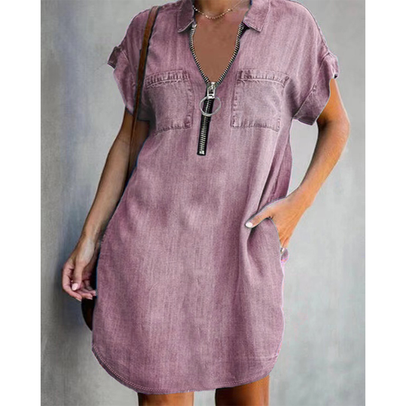 ✨👗Vestido casual de ganga para mulher, de corte largo, com lapela, manga curta, fecho de correr e bolsos