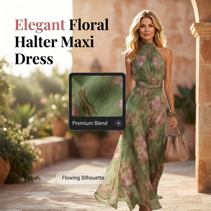 ✨👗Vestido maxi elegante com estampado floral e decote halter
