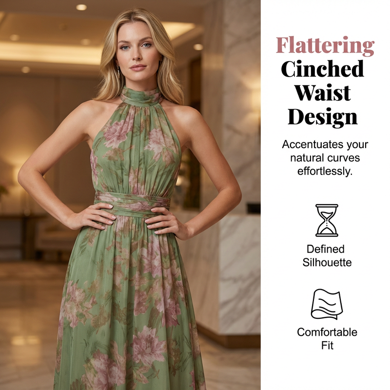 ✨👗Vestido maxi elegante com estampado floral e decote halter