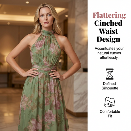 ✨👗Vestido maxi elegante com estampado floral e decote halter