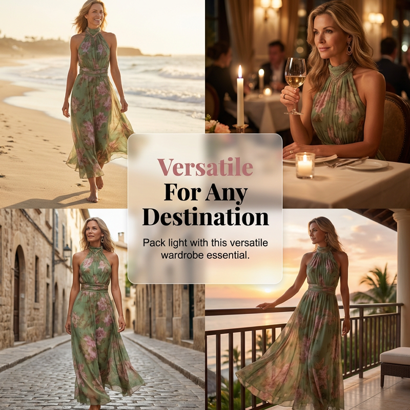 ✨👗Vestido maxi elegante com estampado floral e decote halter