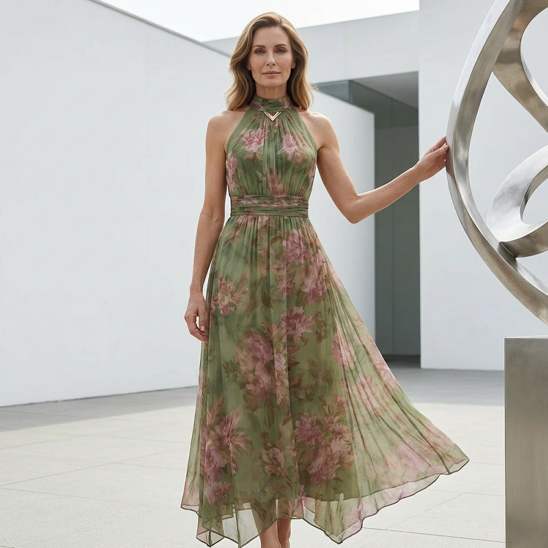 ✨👗Vestido maxi elegante com estampado floral e decote halter