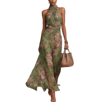 ✨👗Vestido maxi elegante com estampado floral e decote halter