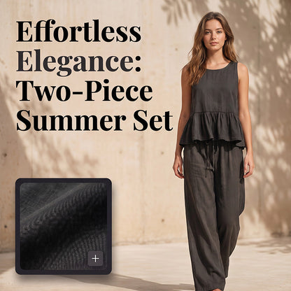 ✨👗Conjunto feminino casual composto por um top sem mangas com folhos e calças compridas de perna larga