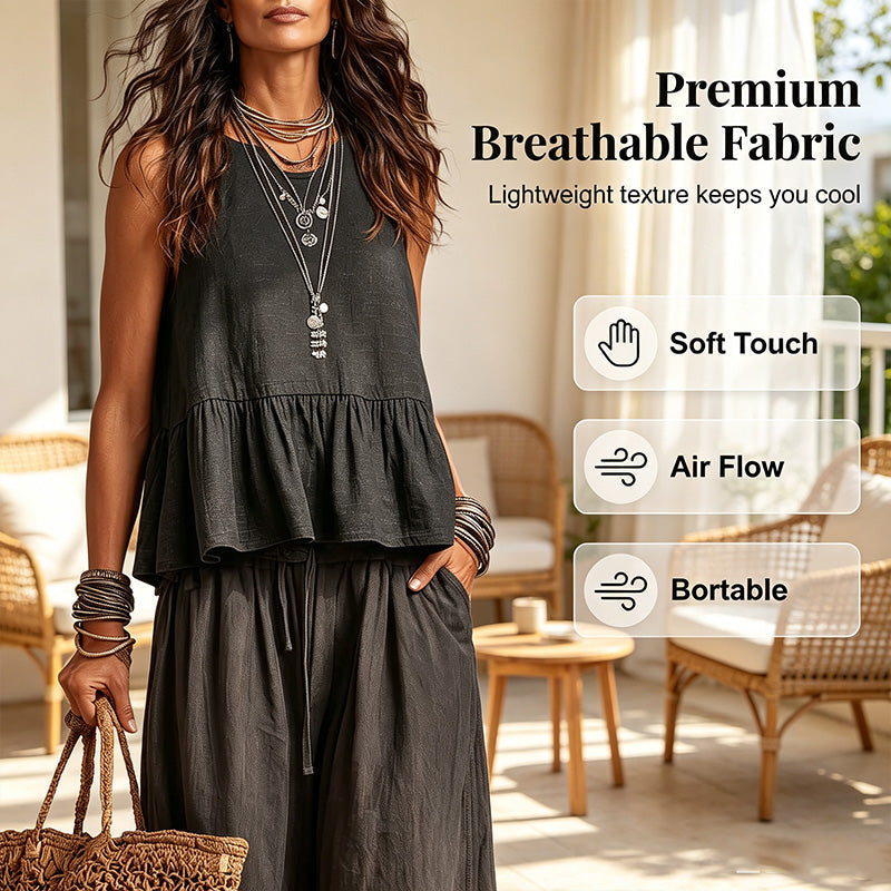✨👗Conjunto feminino casual composto por um top sem mangas com folhos e calças compridas de perna larga