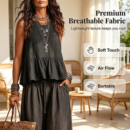 ✨👗Conjunto feminino casual composto por um top sem mangas com folhos e calças compridas de perna larga