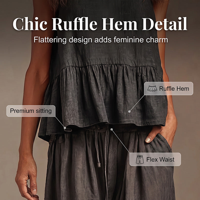 ✨👗Conjunto feminino casual composto por um top sem mangas com folhos e calças compridas de perna larga