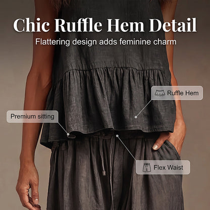 ✨👗Conjunto feminino casual composto por um top sem mangas com folhos e calças compridas de perna larga