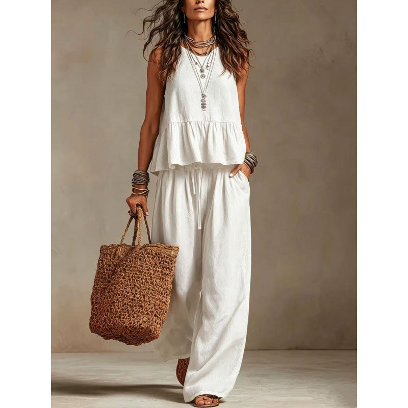 ✨👗Conjunto feminino casual composto por um top sem mangas com folhos e calças compridas de perna larga