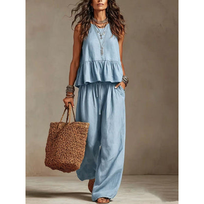 ✨👗Conjunto feminino casual composto por um top sem mangas com folhos e calças compridas de perna larga