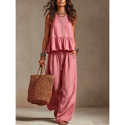 ✨👗Conjunto feminino casual composto por um top sem mangas com folhos e calças compridas de perna larga