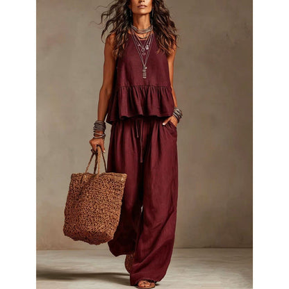 ✨👗Conjunto feminino casual composto por um top sem mangas com folhos e calças compridas de perna larga