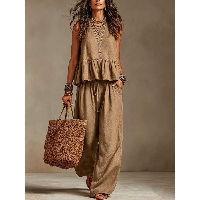 ✨👗Conjunto feminino casual composto por um top sem mangas com folhos e calças compridas de perna larga