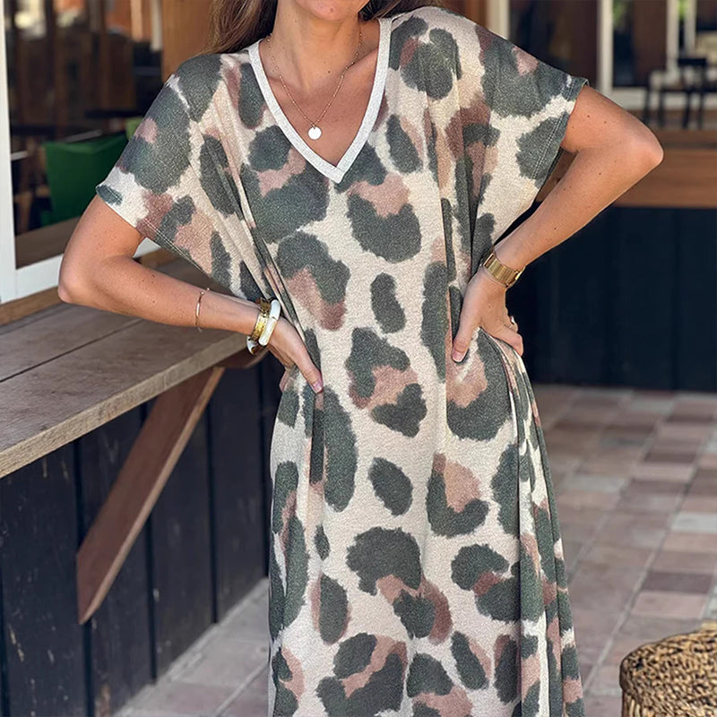 🐆👗Vestido casual feminino com decote em V e padrão de leopardo