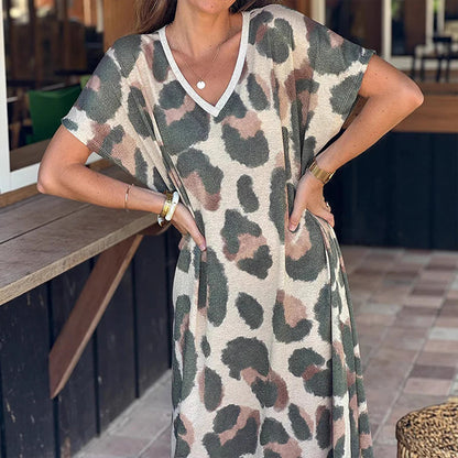 🐆👗Vestido casual feminino com decote em V e padrão de leopardo