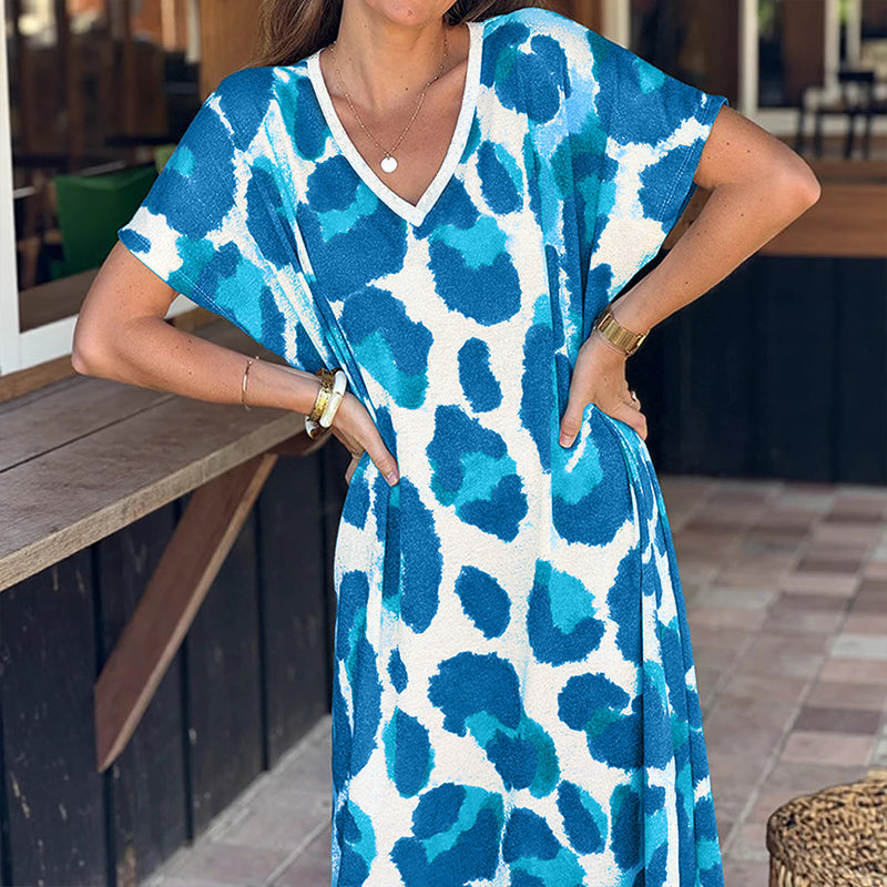🐆👗Vestido casual feminino com decote em V e padrão de leopardo