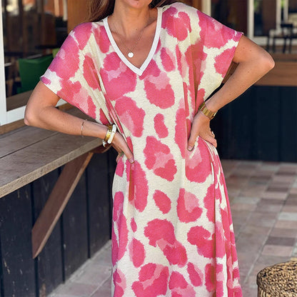 🐆👗Vestido casual feminino com decote em V e padrão de leopardo