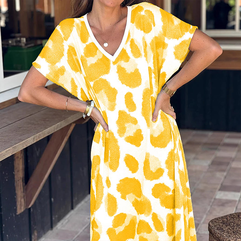 🐆👗Vestido casual feminino com decote em V e padrão de leopardo