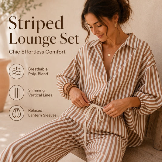 ✨Conjunto casual de duas peças às riscas para mulher