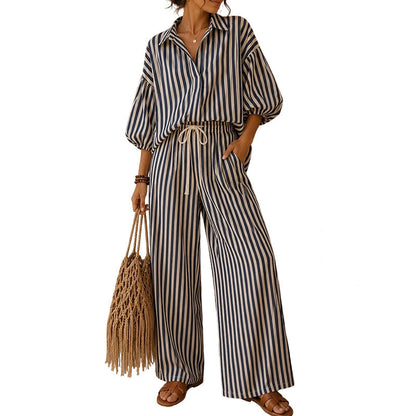 ✨Conjunto casual de duas peças às riscas para mulher