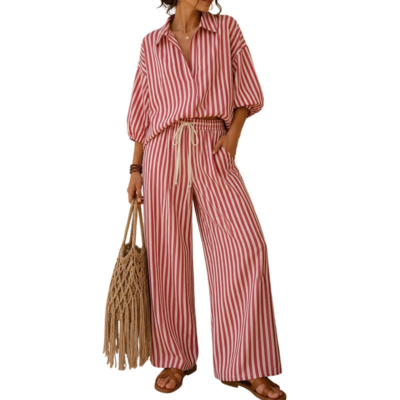 ✨Conjunto casual de duas peças às riscas para mulher