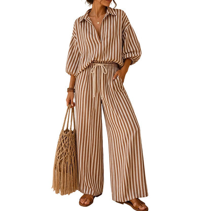 ✨Conjunto casual de duas peças às riscas para mulher