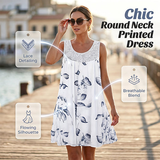 ✨👗Vestido feminino sem mangas, com gola redonda e estampado