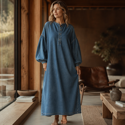 ✨👗Vestido maxi de ganga com mangas largas para mulher