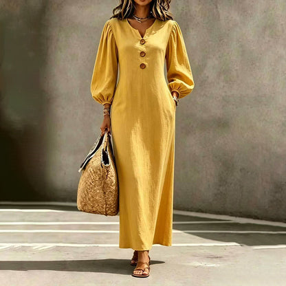 ✨👗Vestido maxi casual de decote em V para mulher, com mangas bufantes