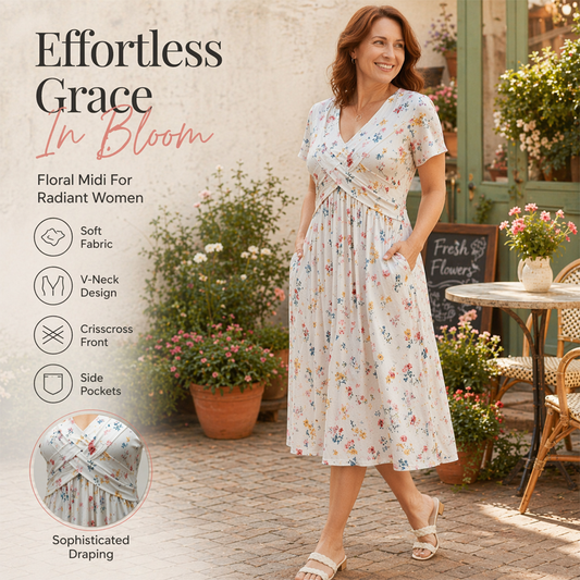 🌺👗Vestido de senhora com decote em V, padrão floral e cintura torcida